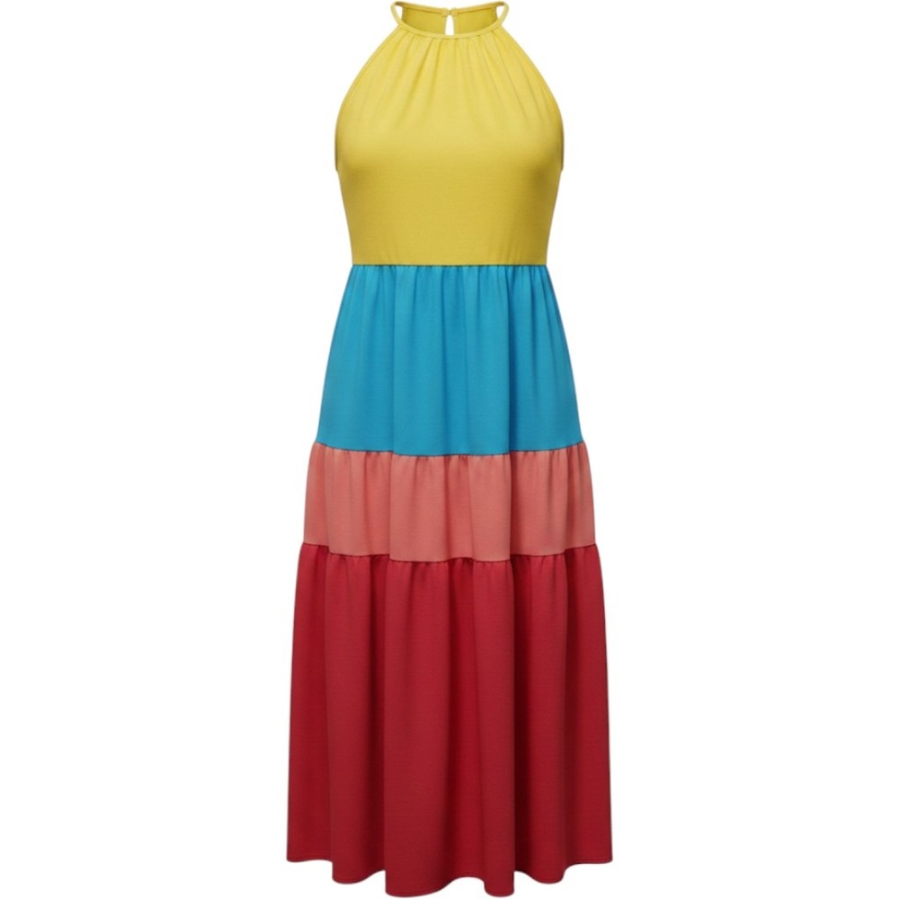 NWT Haptics Womens Maxi Dress M Multicolor Colorblock Tiered Halter Boho Resort